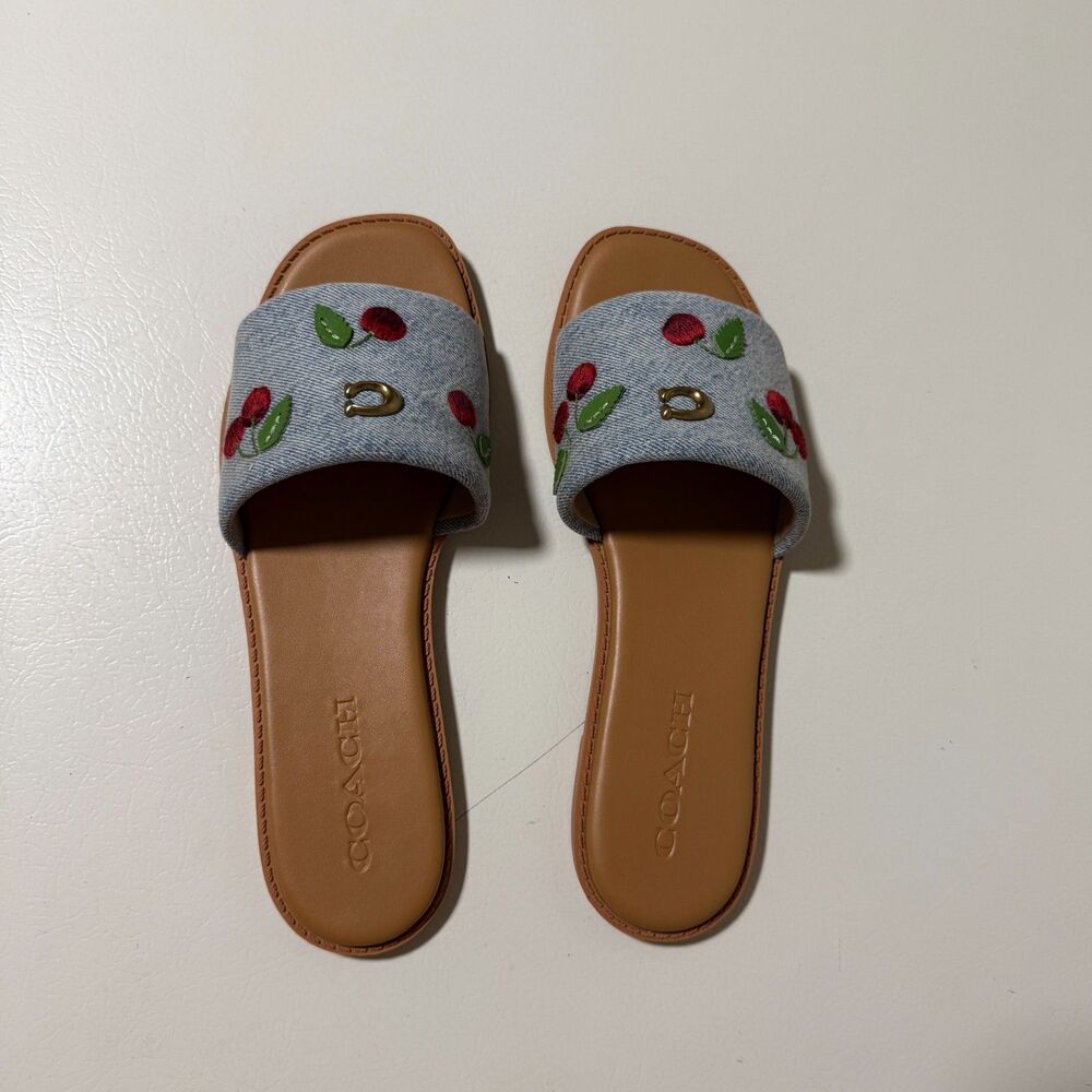Coach Holly Denim Cherries Slide Sandal, Size 7